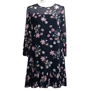 Eliza J Floral Print Bell‎ Sleeve Dress in Navy Blue & Pink, Size 8, NWT